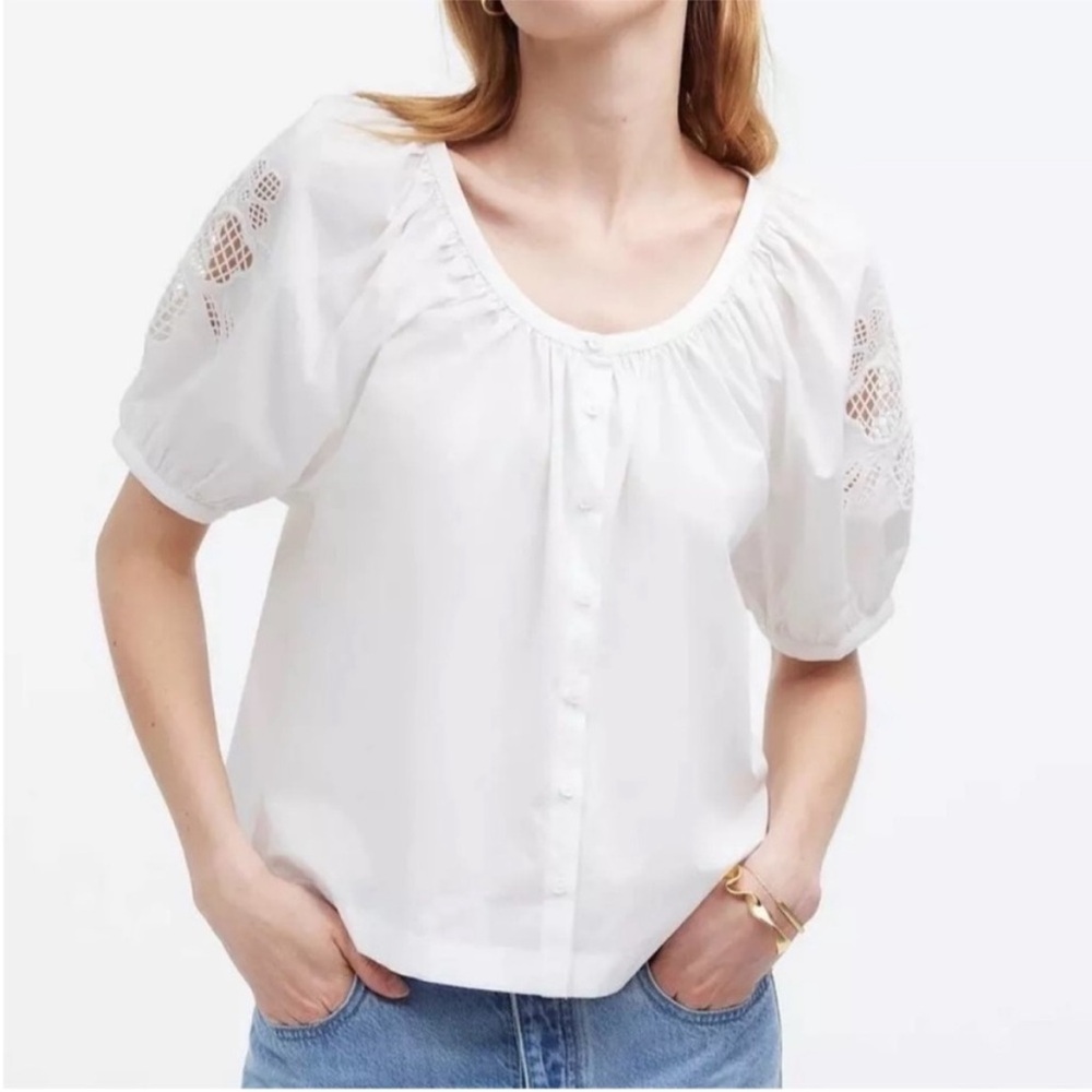 Madewell White Button-Front Eyelet Sleeve Blouse